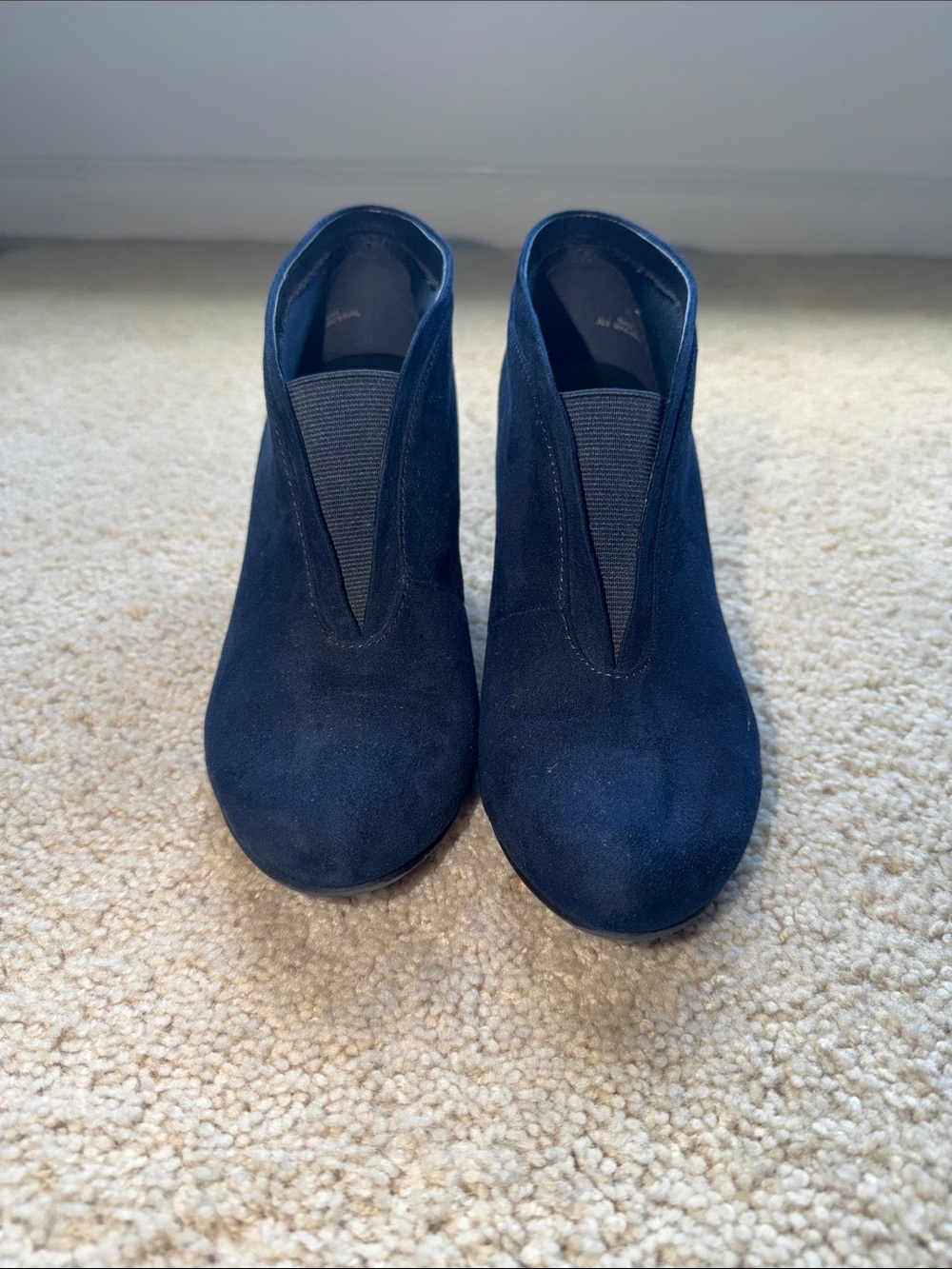 Women's Navy Suede Wedge Booties - Slip-On Comfort